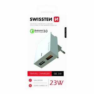 Rychlonabíječka Swissten Qualcomm Charger 3.0 s 2 USB konektory, 23W, bílá