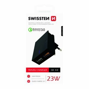 Rychlonabíječka Swissten Qualcomm Charger 3.0 s 2 USB konektory, 23W, černá
