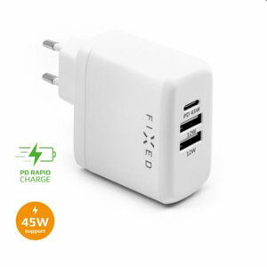 FIXED Síťová nabíječka s USB-C/2 x USB, podpora PD, 45W, bílá