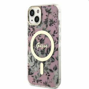 Pouzdro Guess PC/TPU Flowers IML MagSafe for Apple iPhone 14, růžové