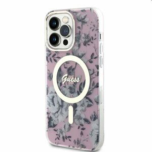 Pouzdro Guess PC/TPU Flowers IML MagSafe for Apple iPhone 14 Pro, růžové