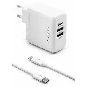 FIXED síťová nabíječka, USB-C, 2xUSB, PD, 45W, bílá + kabel USB-C, 1m, bílá - FIXC45-CC2U-WH