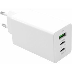 FIXED síťová GaN nabíječka s 2xUSB-C a USB výstupem, podpora PD, 65W, bílá - FIXCG65-2CU-WH