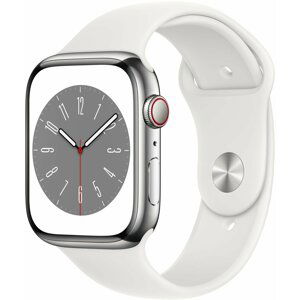 Apple Watch Series 8, Cellular, 45mm, Silver Stainless Steel, White Sport Band - MNKE3CS/A