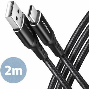 AXAGON kabel USB-C - USB-A, USB 2.0, 3A, ALU, opletený, 2m, černá - BUCM-AM20AB
