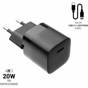 FIXED síťová nabíječka Mini s USB-C, PD, MFI, 20W, černá + USB-C - Lightning kabel, 1m, černá - FIXC20M-CL-BK