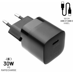 FIXED síťová nabíječka Mini s USB-C, PD, 30W, černá + USB-C - USB-C kabel, 1m, černá - FIXC30M-CC-BK