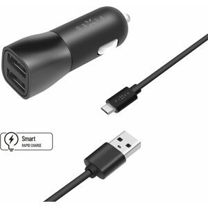 FIXED autonabíječka, 2x USB-A, 15W + USB-A - microUSB kabel, 1m, černá - FIXCC15-2UM-BK