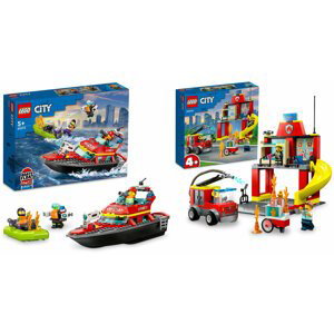 Extra výhodný balíček LEGO® City 60375 Hasičská stanice a auto, 60373 Hasičská záchranná loď a člun - 60375/60373