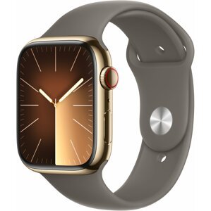 Apple Watch Series 9, Cellular, 45mm, Gold Stainless Steel, Clay Sport Band - M/L - MRMT3QC/A